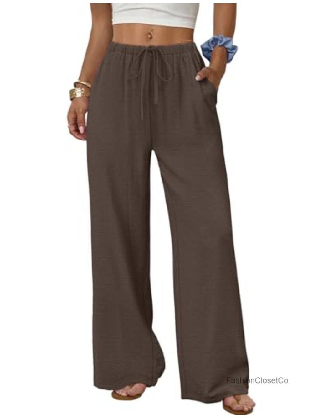Wide Leg Pants Flowy Palazzo Drawstring Elastic Waist Trousers with Pockets
